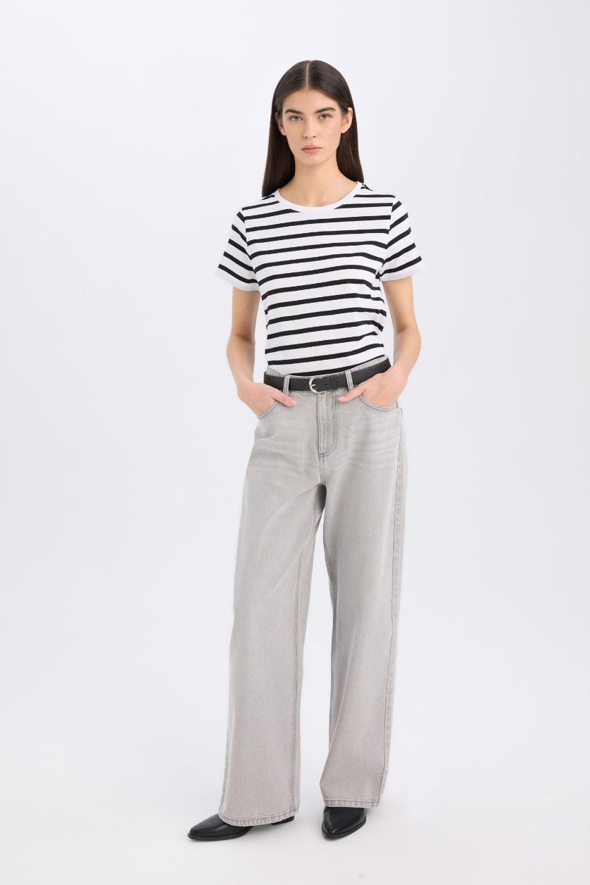 نساء أسود تيشيرت نص كم مخطط قصة عادية برقبة مستديرة