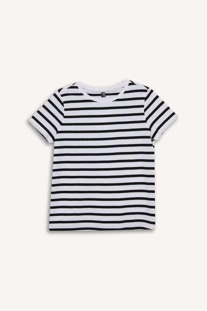 نساء أسود تيشيرت نص كم مخطط قصة عادية برقبة مستديرة