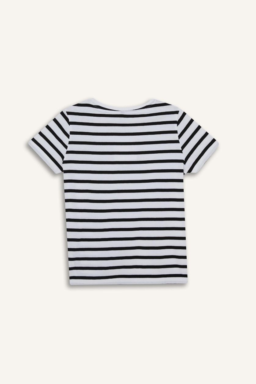 نساء أسود تيشيرت نص كم مخطط قصة عادية برقبة مستديرة