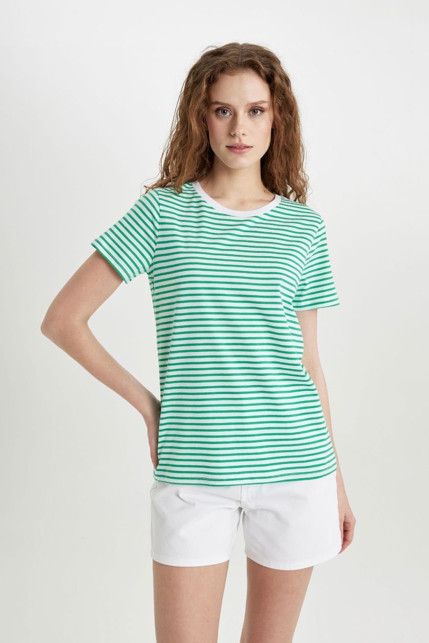 WOMAN Green Regular Fit Striped Crew Neck Basic Short Sleeve T-Shirt