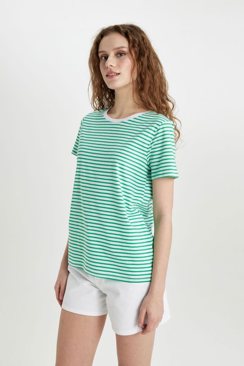 WOMAN Green Regular Fit Striped Crew Neck Basic Short Sleeve T-Shirt