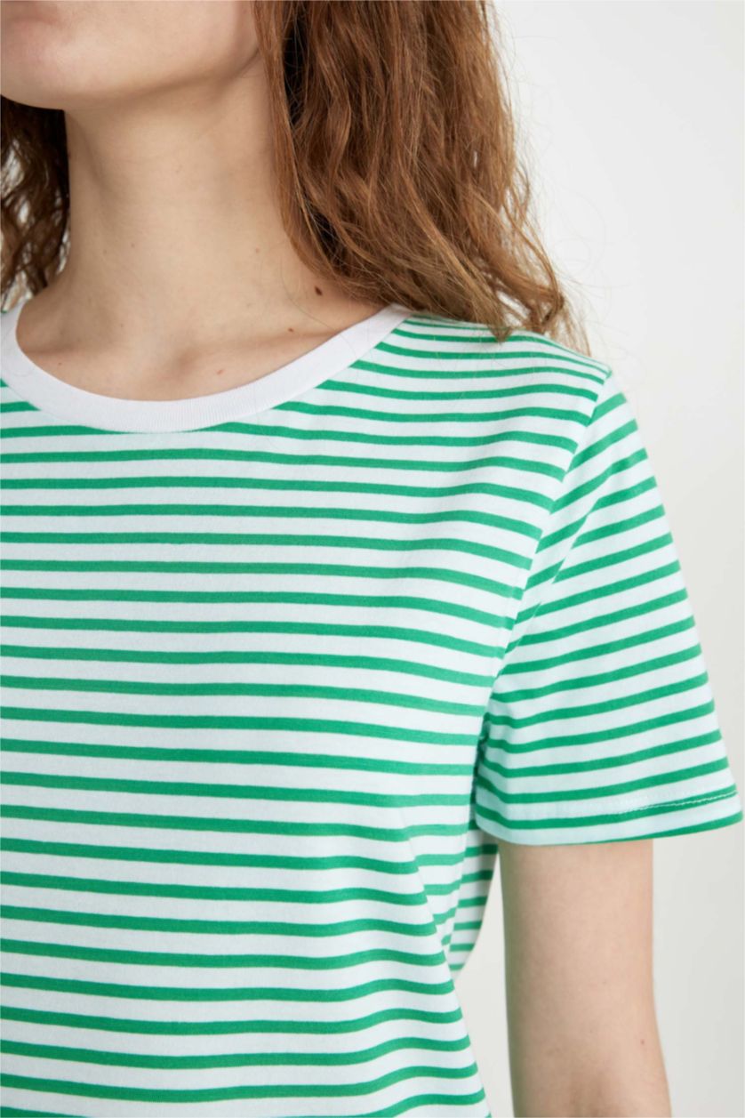 WOMAN Green Regular Fit Striped Crew Neck Basic Short Sleeve T-Shirt