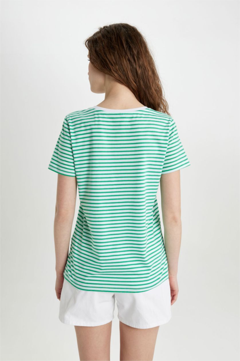 WOMAN Green Regular Fit Striped Crew Neck Basic Short Sleeve T-Shirt