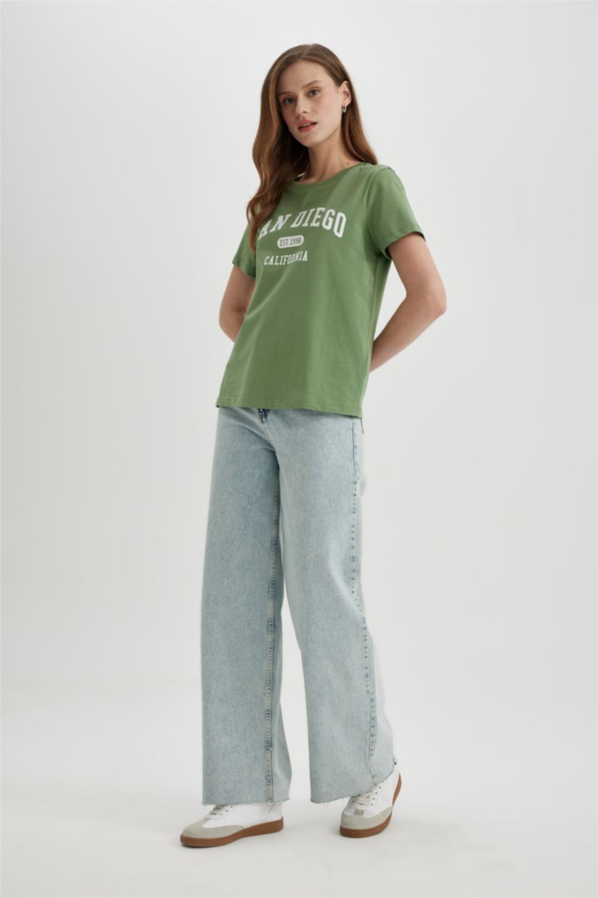 WOMAN Light Green Regular Fit Crew Neck Slogan Short Sleeve T-Shirt