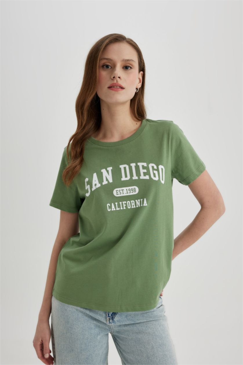 WOMAN Light Green Regular Fit Crew Neck Slogan Short Sleeve T-Shirt