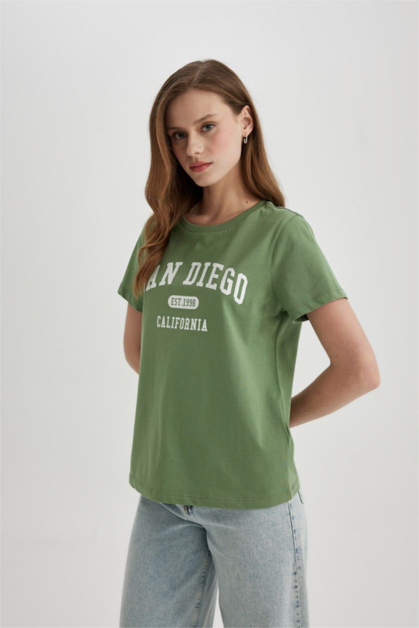 WOMAN Light Green Regular Fit Crew Neck Slogan Short Sleeve T-Shirt