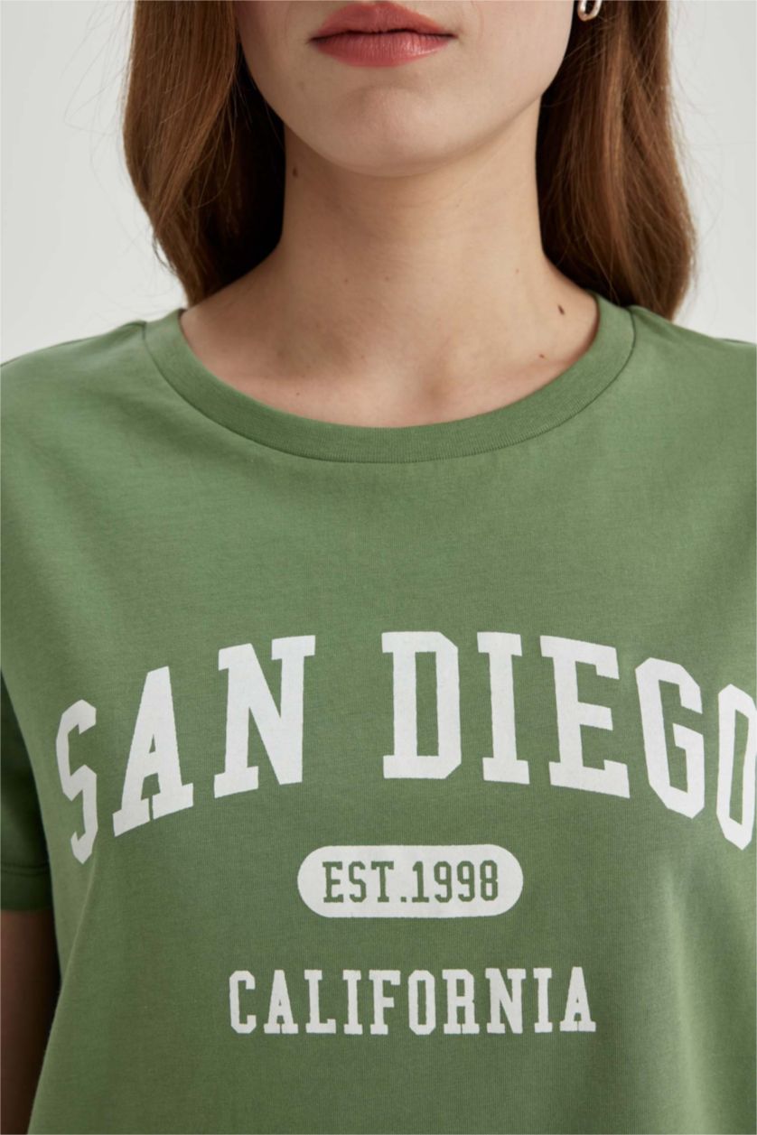 WOMAN Light Green Regular Fit Crew Neck Slogan Short Sleeve T-Shirt