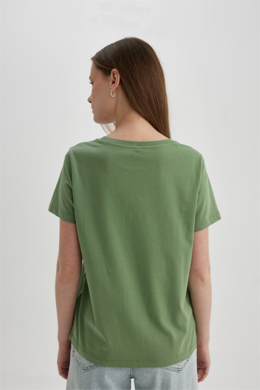 WOMAN Light Green Regular Fit Crew Neck Slogan Short Sleeve T-Shirt