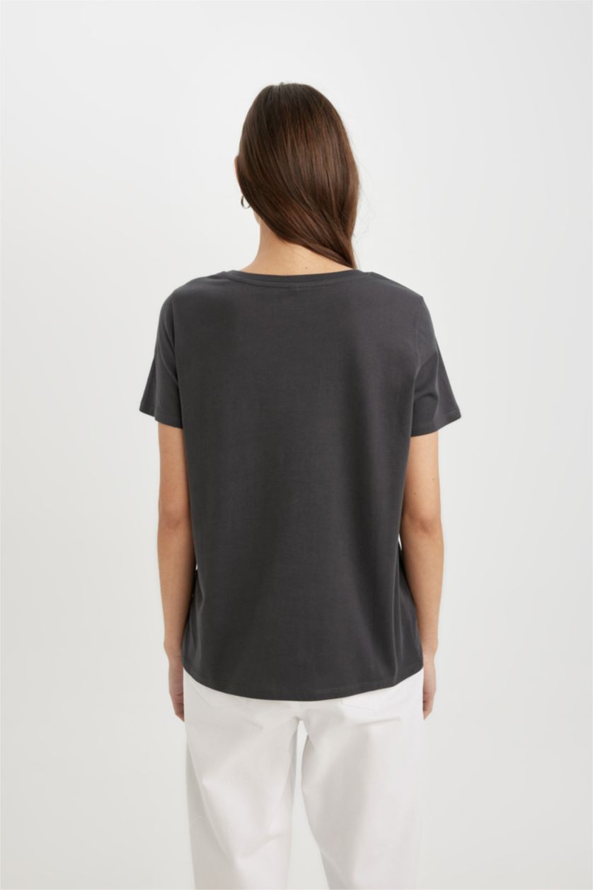 FEMME Anthracite T-Shirt coupe régulière à Manches Courtes à Col Rond et Effet Délavé