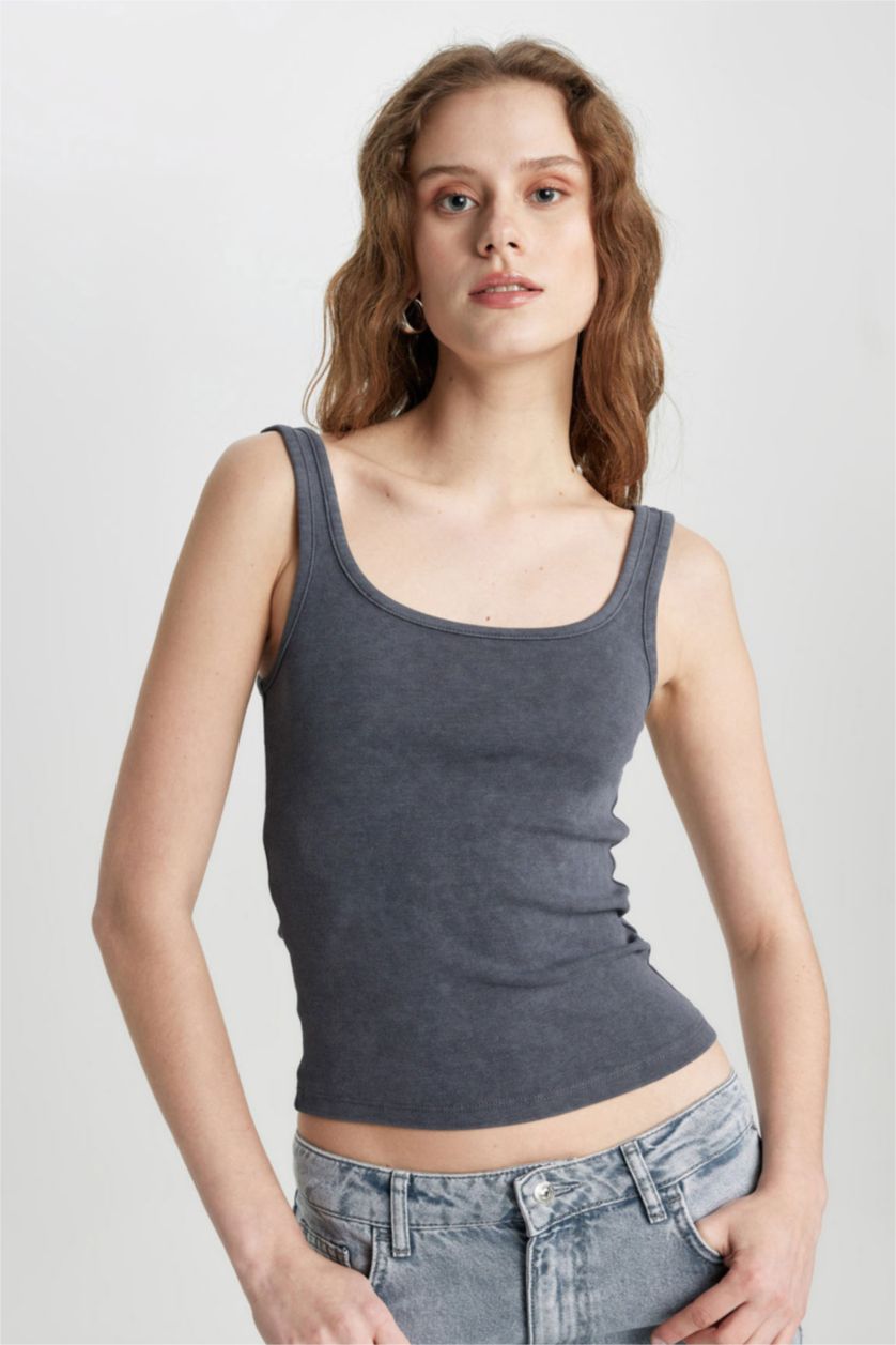 WOMAN Anthracite Slim Fit Ribana Crew Neck Sleeveless Tank Top