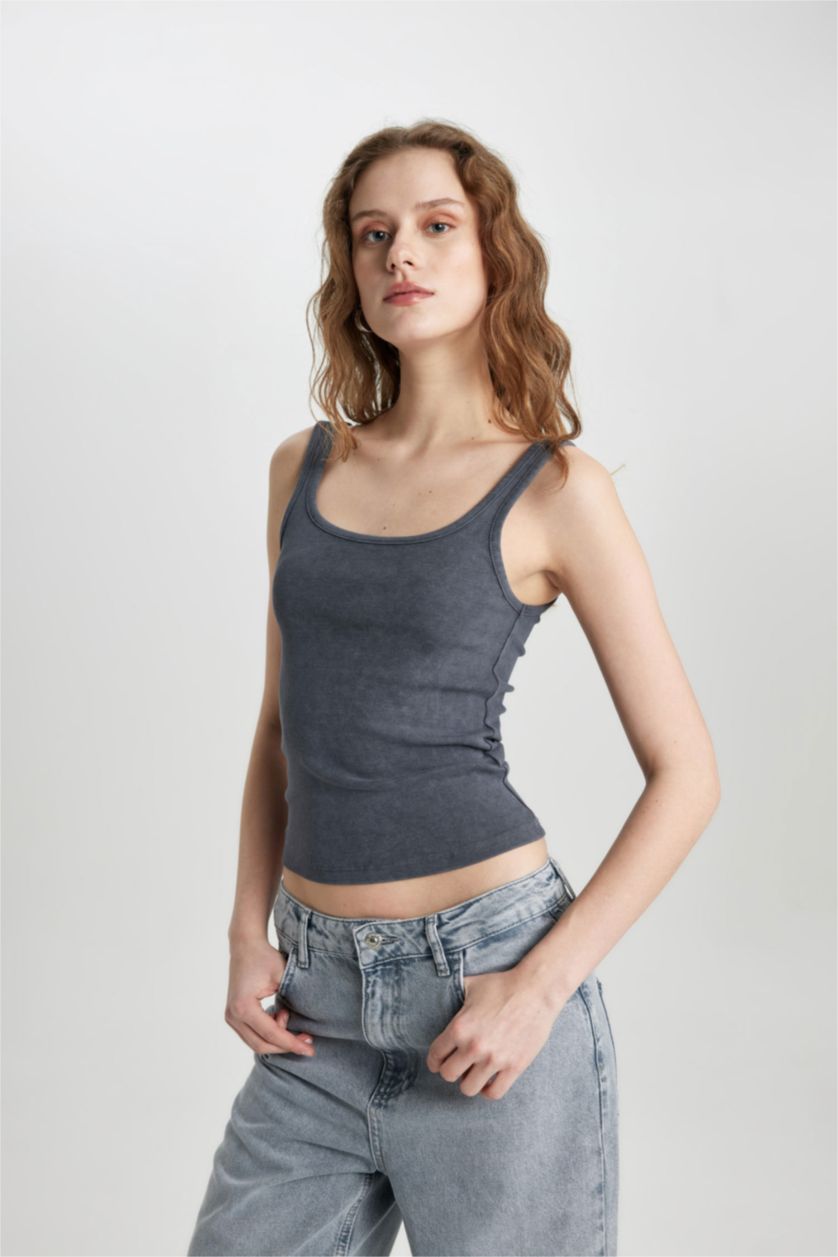 WOMAN Anthracite Slim Fit Ribana Crew Neck Sleeveless Tank Top