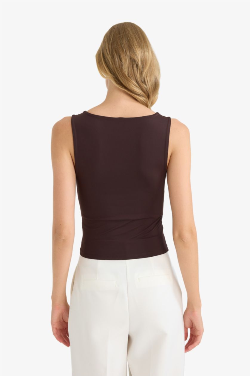 Kadın Kahve Slım Fıt Basıc Düz Kare Yaka Atlet