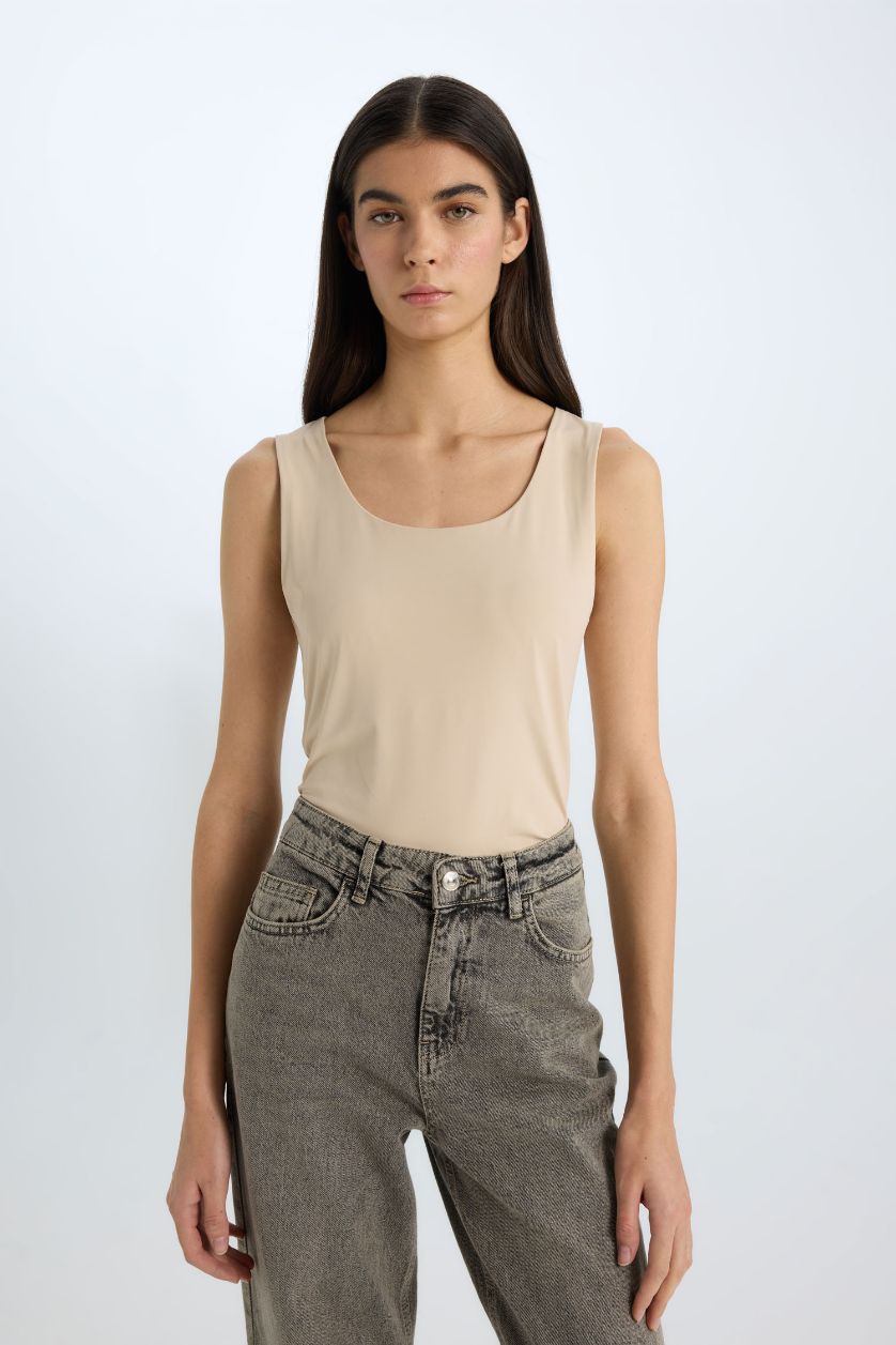 WOMAN Sand Slim Fit Basic Square Collar Sleeveless Tank Top