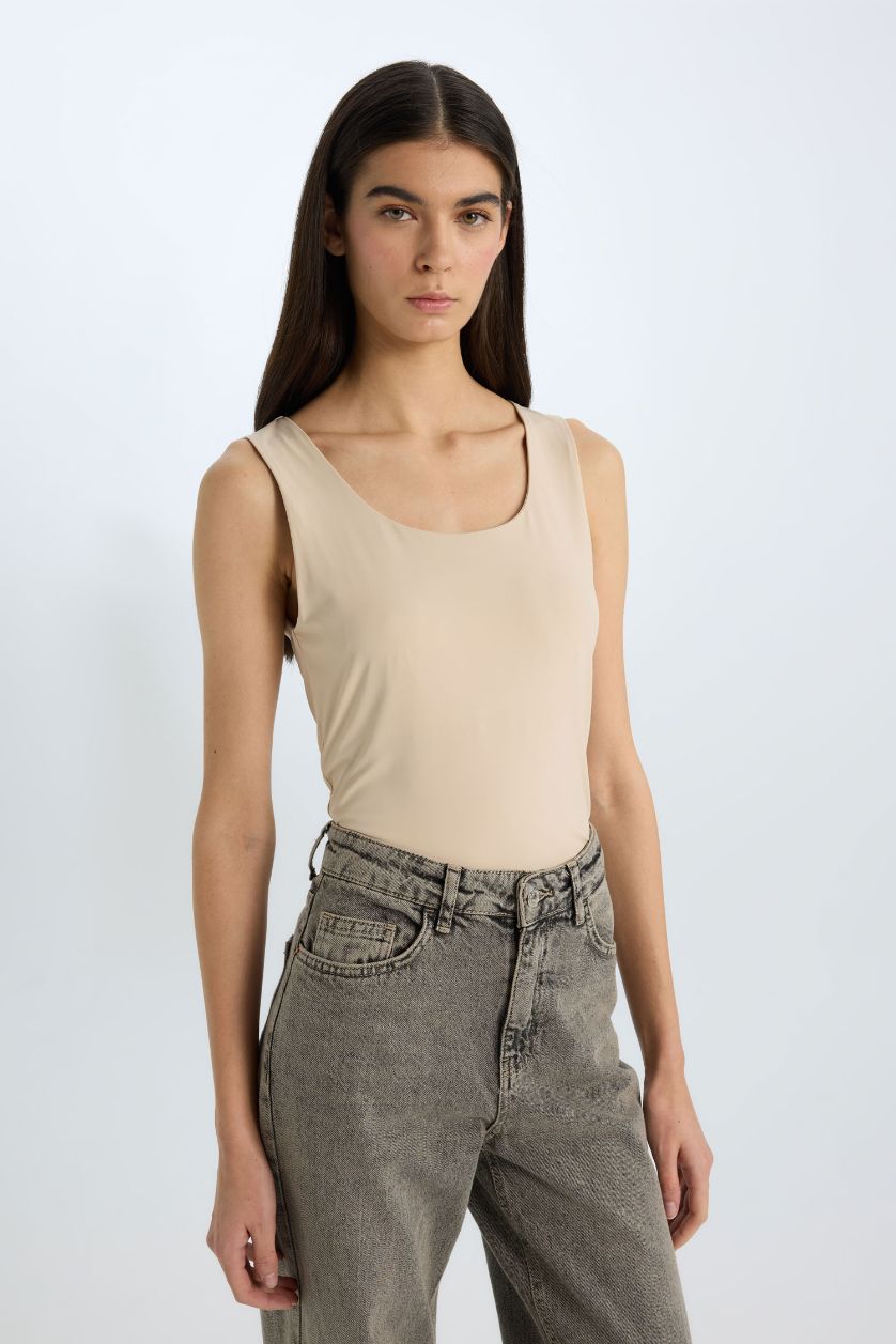 WOMAN Sand Slim Fit Basic Square Collar Sleeveless Tank Top