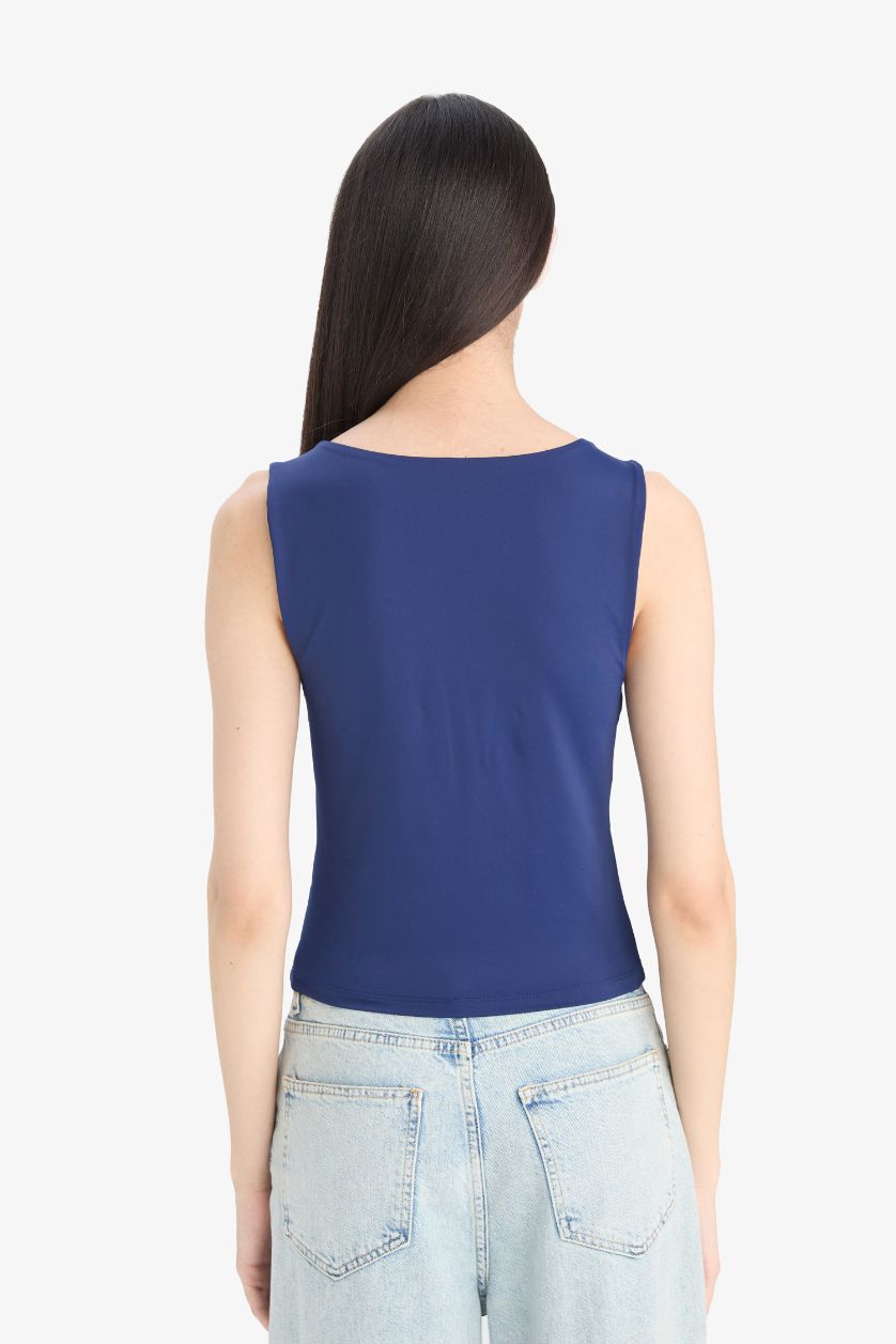 Kadın Lacivert Slım Fıt Basıc Düz Kare Yaka Atlet