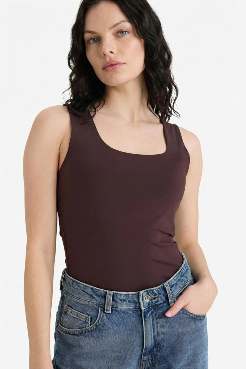 Женщины Коричневый Майка приталенного кроя с квадратным воротником базовый для женщин