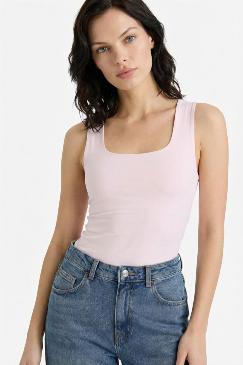 Kadın Açık Pembe Slım Fıt Basıc Kare Yaka Atlet