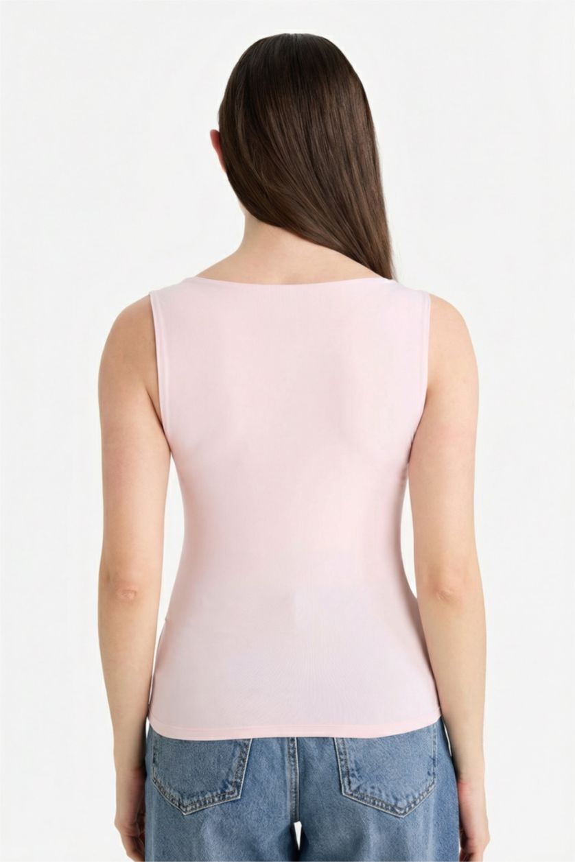 Kadın Açık Pembe Slım Fıt Basıc Kare Yaka Atlet