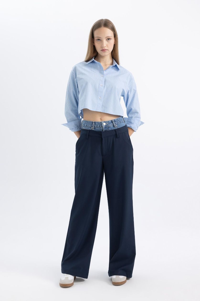 نساء كحلي بنطرون جينز برجل واسع وايد ليج وخصر عالي