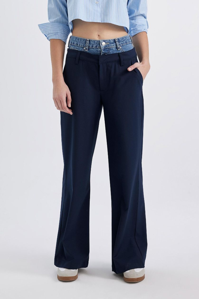 نساء كحلي بنطرون جينز برجل واسع وايد ليج وخصر عالي