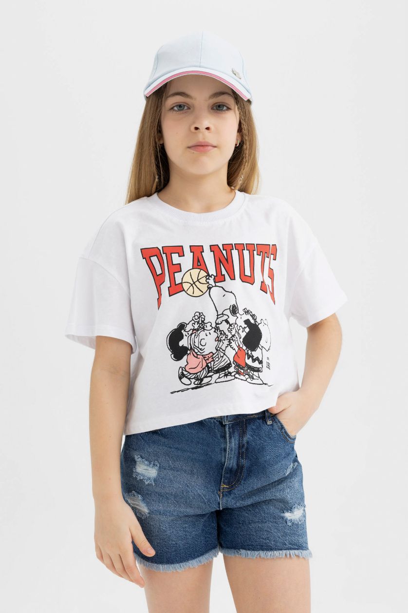 Kız Çocuk - Genç Kız Violet Beyaz Snoopy Bisiklet Yaka Kısa Kollu Tişört Kız Çocuk