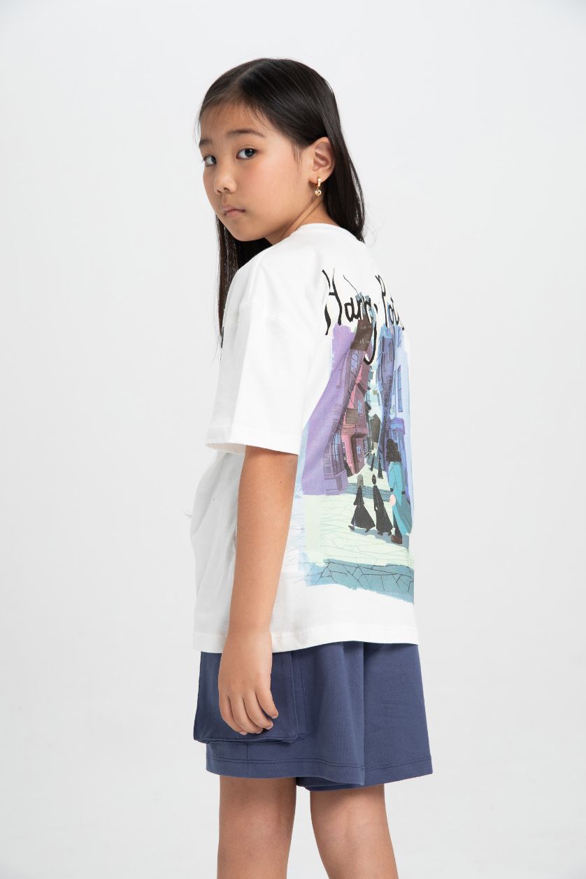 Kız Çocuk - Genç Kız Ekru Harry Potter Relax Fit Bisiklet Yaka Kısa Kollu Tişört Kız Çocuk