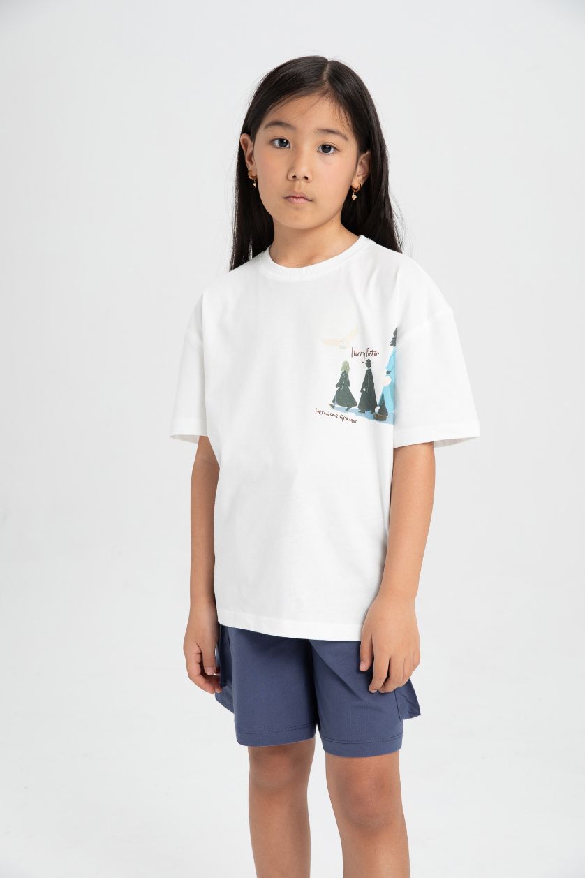 Kız Çocuk - Genç Kız Ekru Harry Potter Relax Fit Bisiklet Yaka Kısa Kollu Tişört Kız Çocuk
