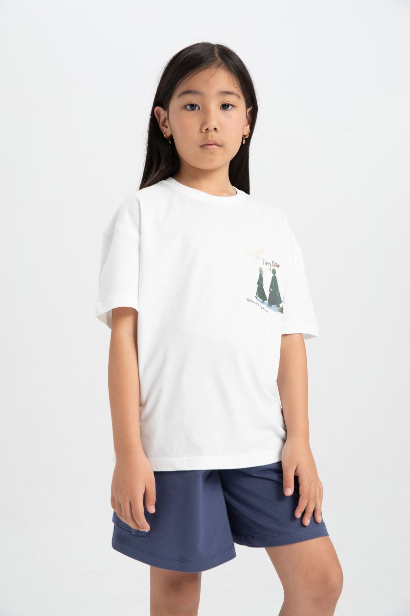 Kız Çocuk - Genç Kız Ekru Harry Potter Relax Fit Bisiklet Yaka Kısa Kollu Tişört Kız Çocuk