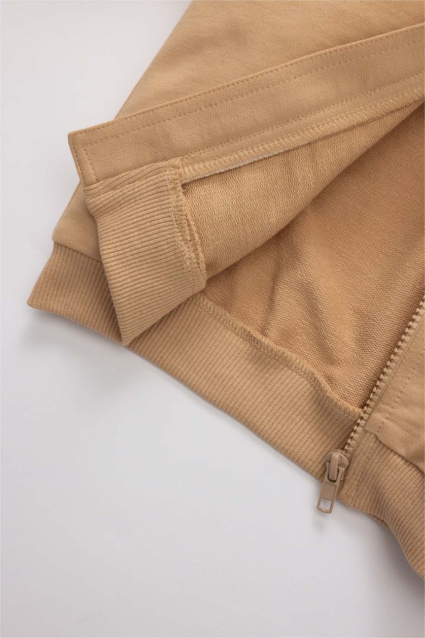 Erkek Bebek Bej Erkek Bebek Kapüşonlu Basic Düz Fermuarlı Sweatshirt