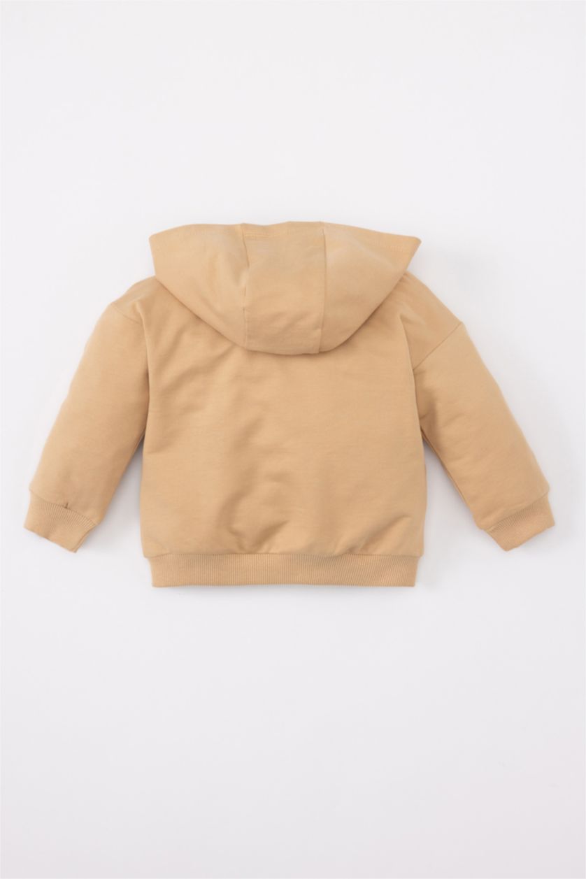 Erkek Bebek Bej Erkek Bebek Kapüşonlu Basic Düz Fermuarlı Sweatshirt