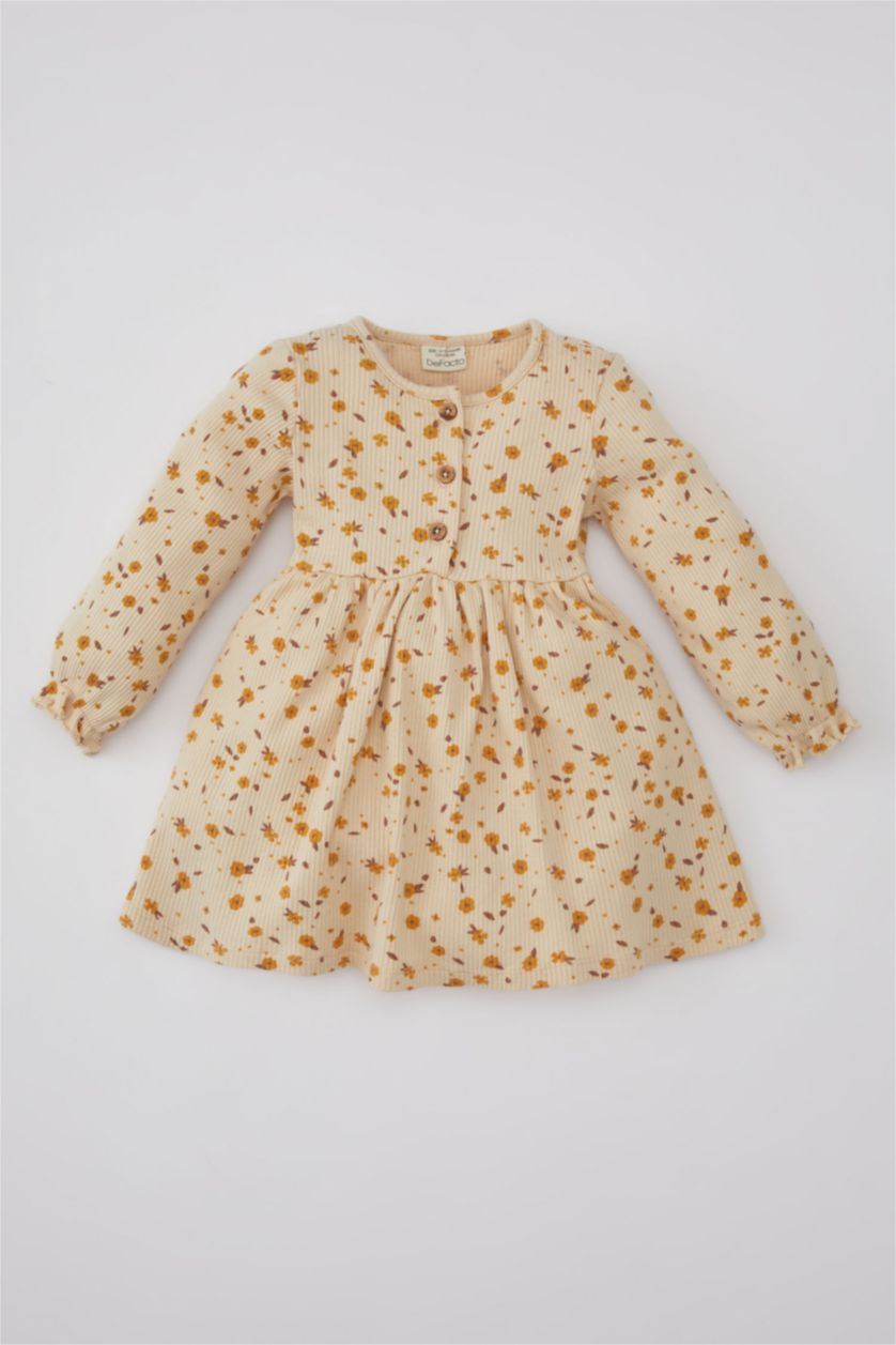 BABY GIRL Light Stone Baby Girl Patterned Long Sleeve Ribbed Dress