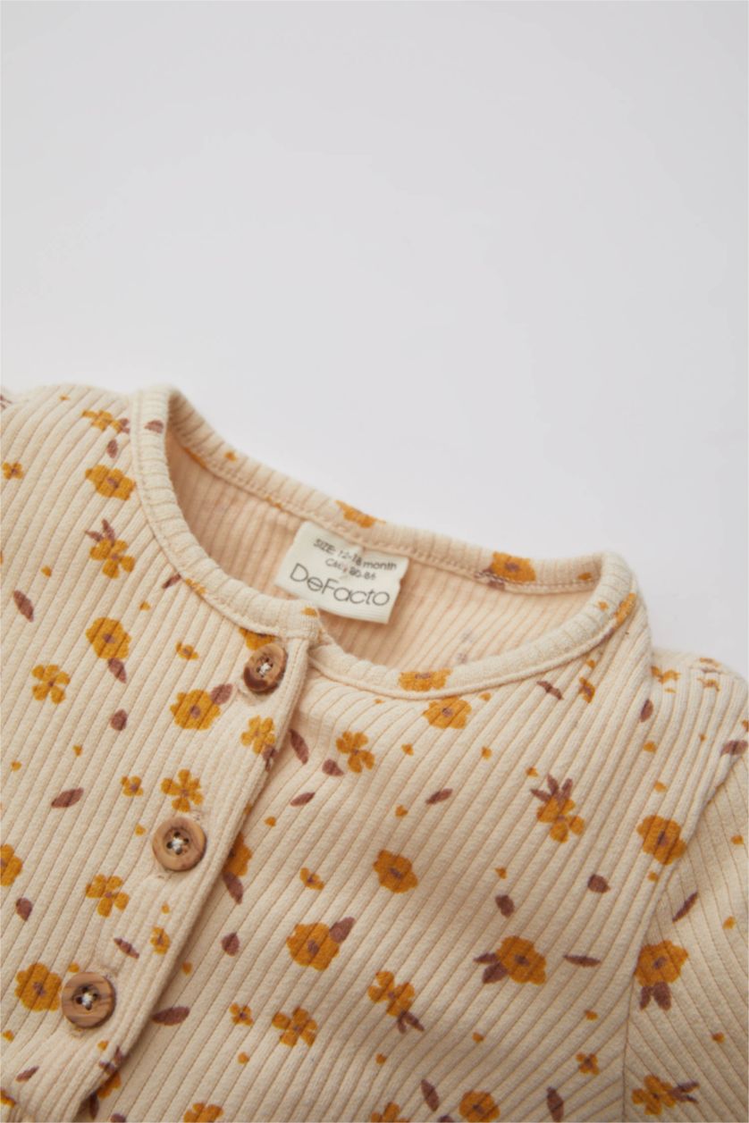 BABY GIRL Light Stone Baby Girl Patterned Long Sleeve Ribbed Dress