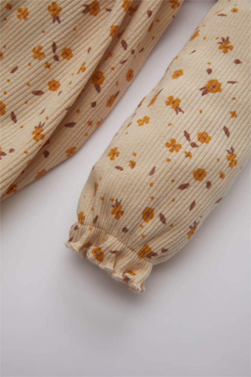 BABY GIRL Light Stone Baby Girl Patterned Long Sleeve Ribbed Dress