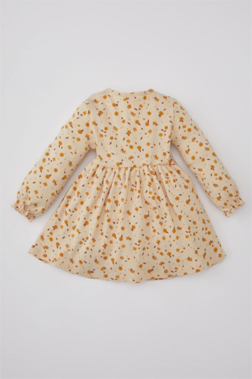 BABY GIRL Light Stone Baby Girl Patterned Long Sleeve Ribbed Dress