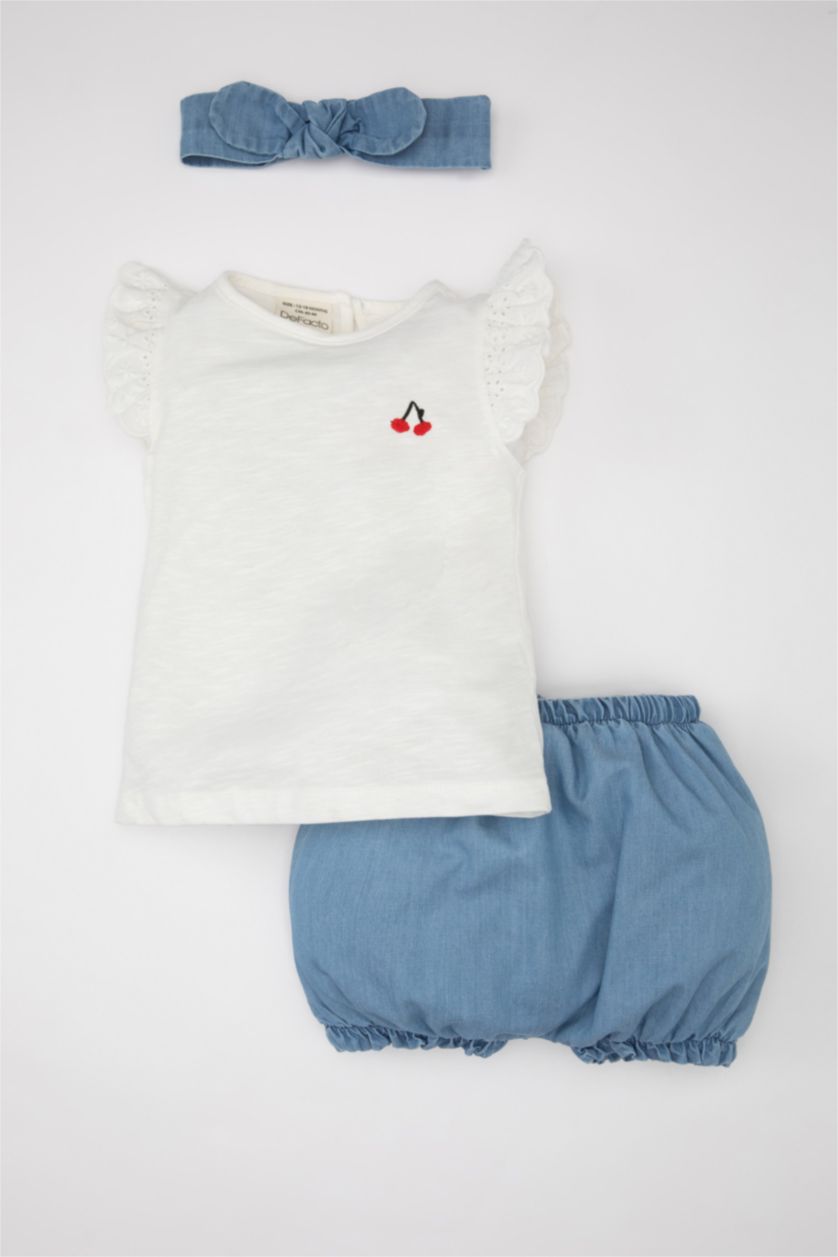 Kız Bebek Ekru Kız Bebek 3'lü Takım Bisiklet Yaka Kısa Kollu Tişört Yumuşak Jean Şort Saç Bandı