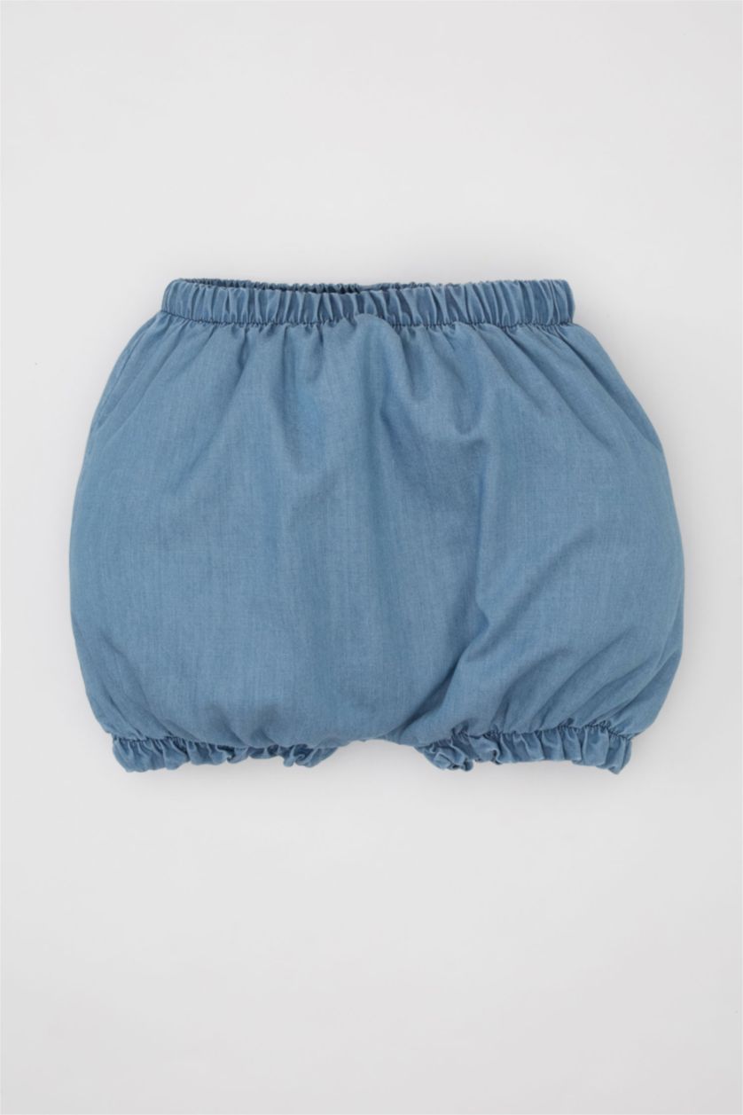 Kız Bebek Ekru Kız Bebek 3'lü Takım Bisiklet Yaka Kısa Kollu Tişört Yumuşak Jean Şort Saç Bandı