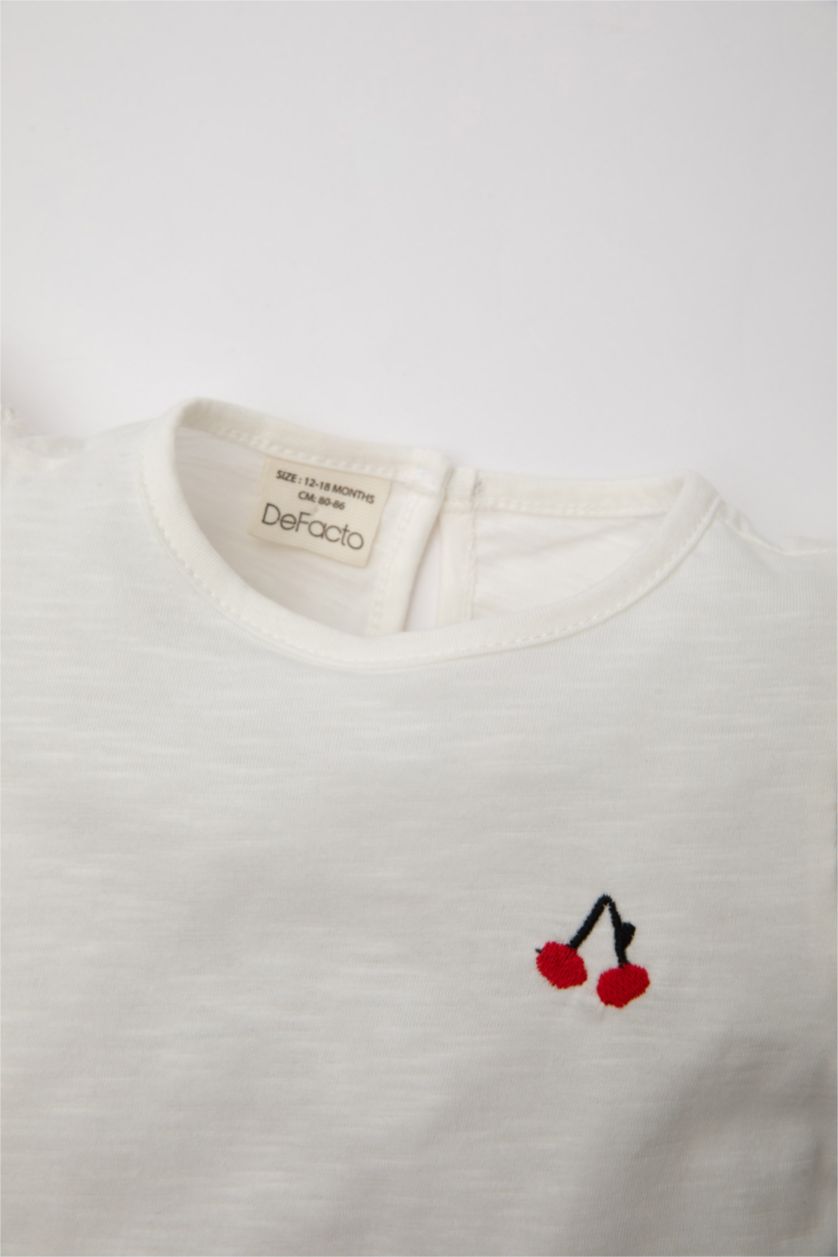 Kız Bebek Ekru Kız Bebek 3'lü Takım Bisiklet Yaka Kısa Kollu Tişört Yumuşak Jean Şort Saç Bandı