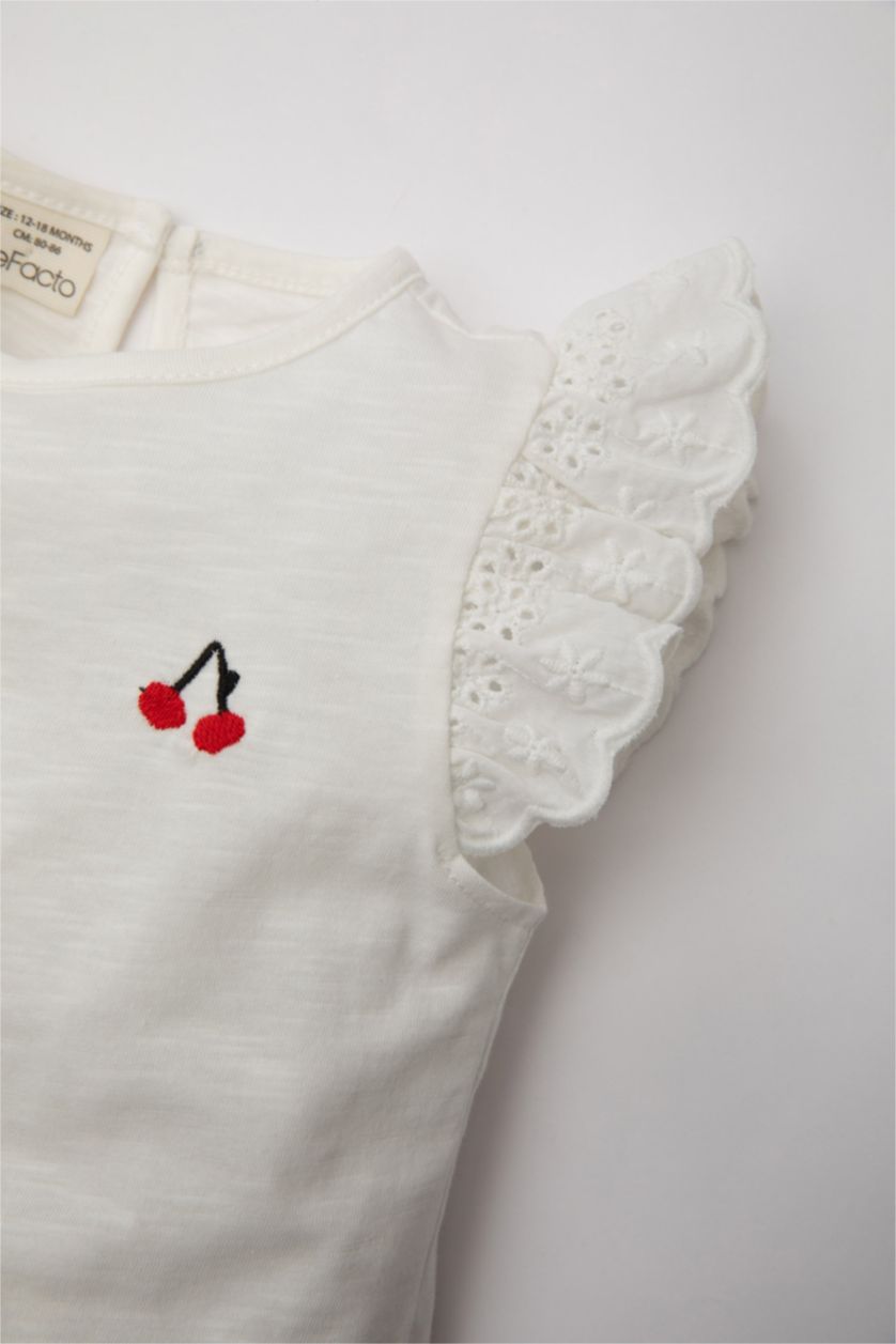 Kız Bebek Ekru Kız Bebek 3'lü Takım Bisiklet Yaka Kısa Kollu Tişört Yumuşak Jean Şort Saç Bandı