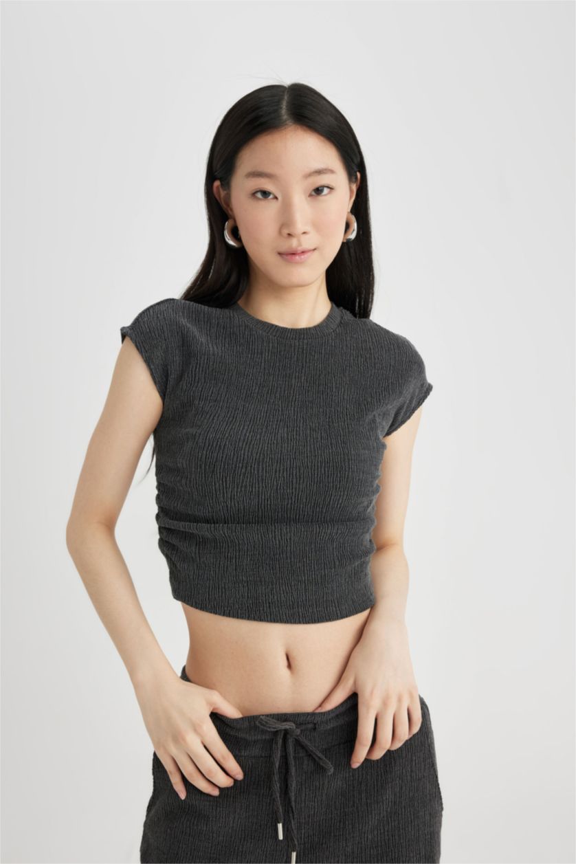 Әйелдерге Антрацит дөңгелек жаға кресс матасы Қысқа жеңді футболка