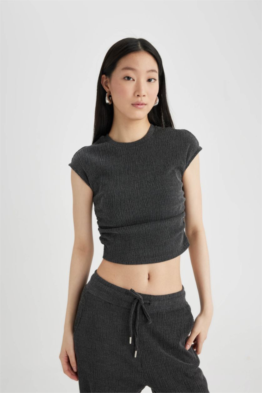 Әйелдерге Антрацит дөңгелек жаға кресс матасы Қысқа жеңді футболка