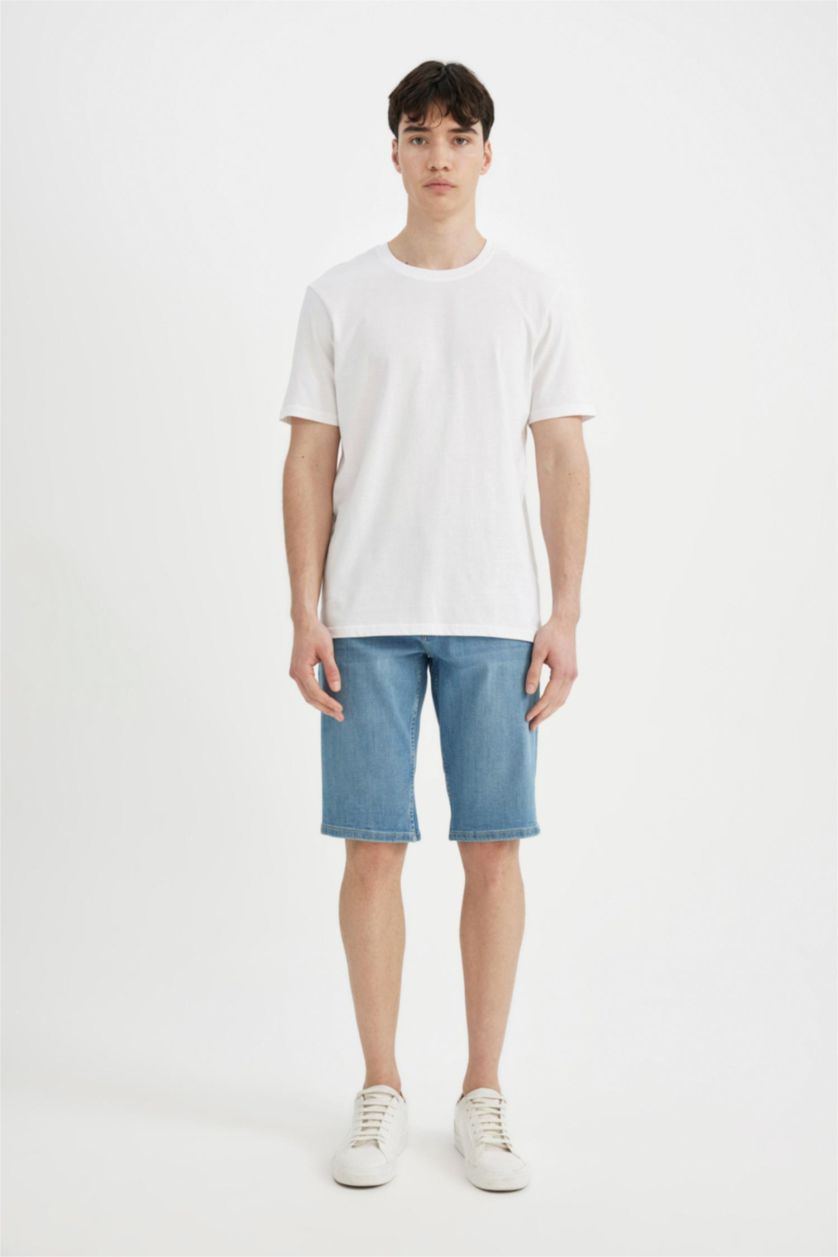 Erkek Açık Mavi Slim Fit Dar Kesim Jean Bermuda Şort