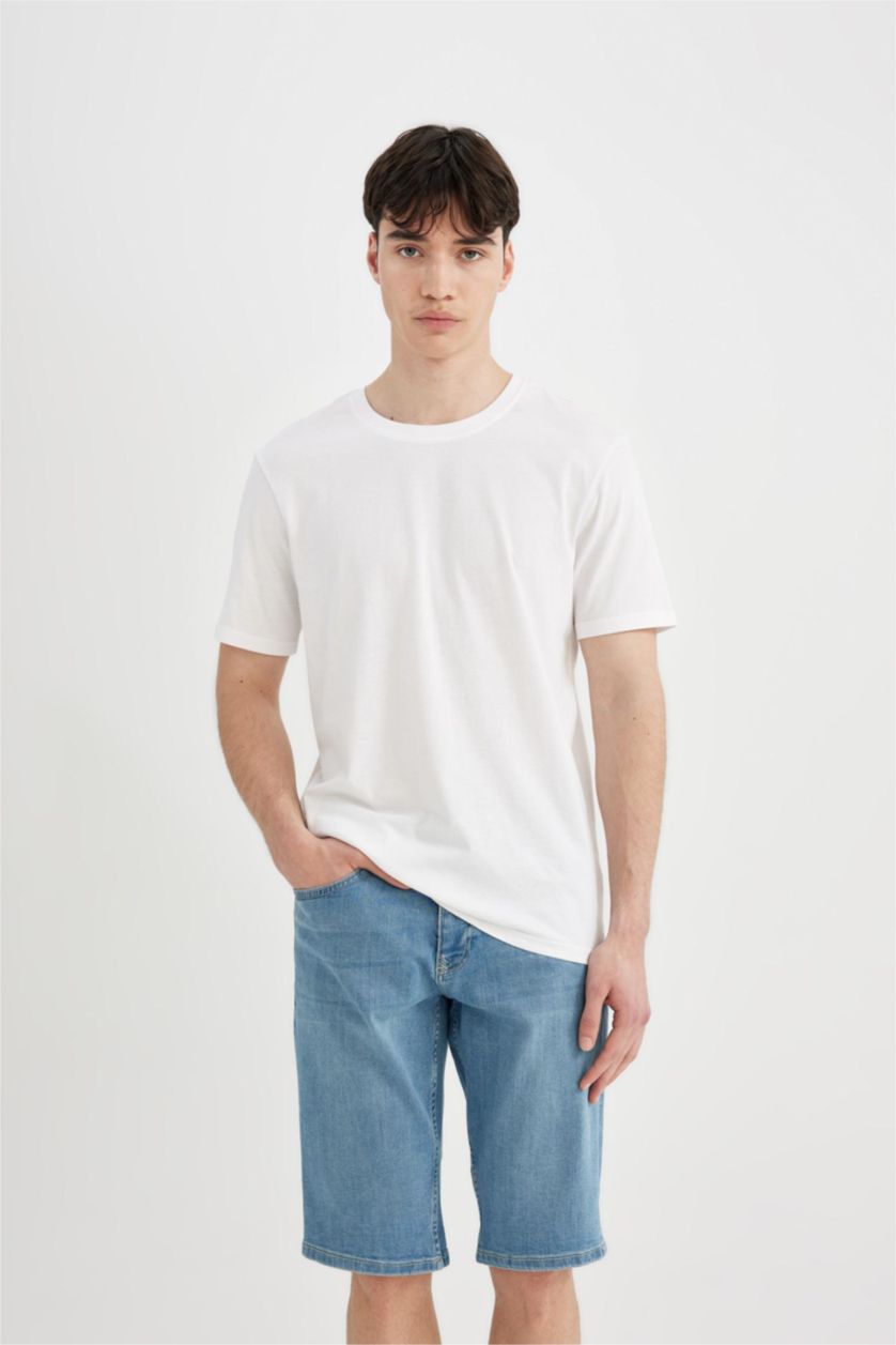 Erkek Açık Mavi Slim Fit Dar Kesim Jean Bermuda Şort