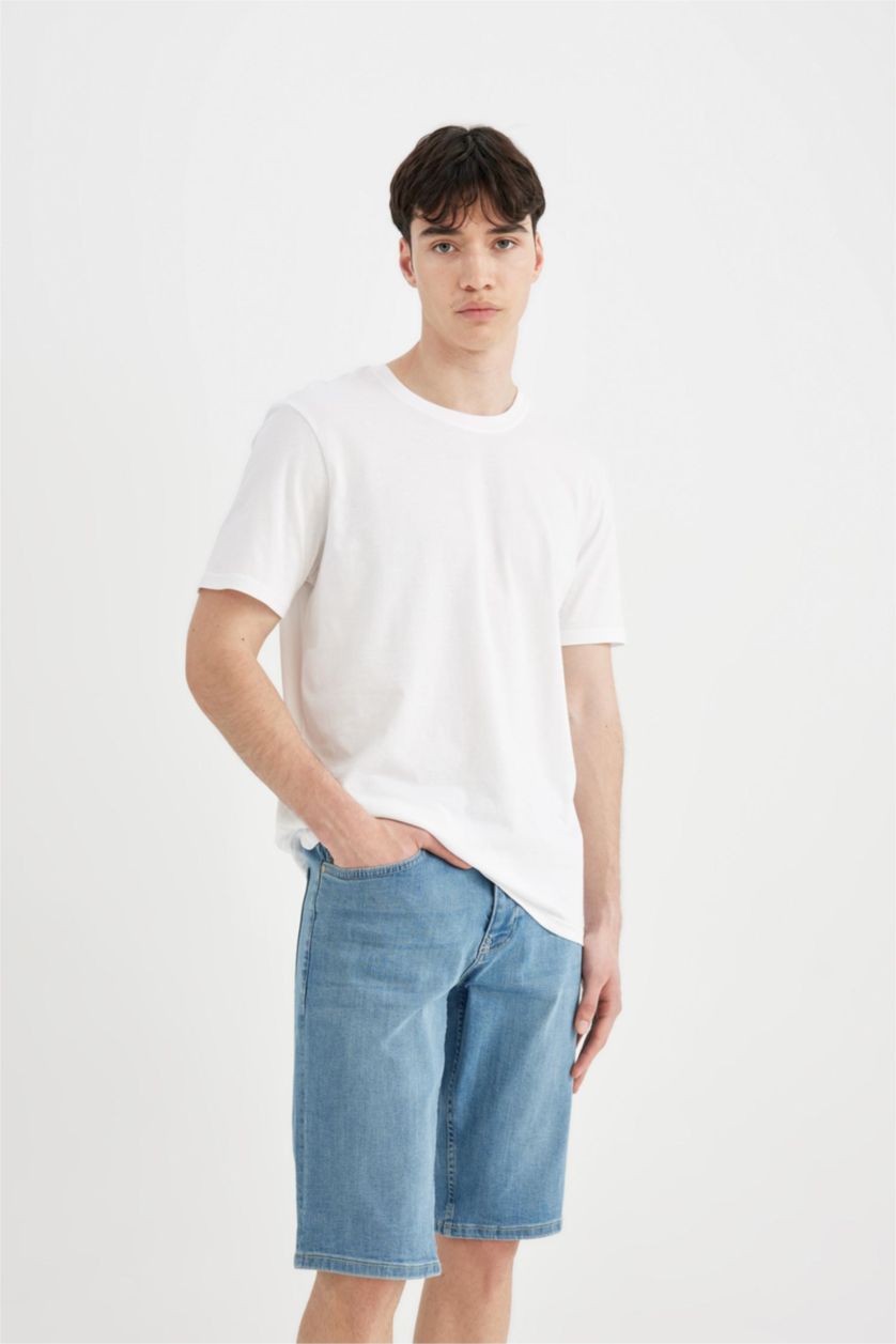 Erkek Açık Mavi Slim Fit Dar Kesim Jean Bermuda Şort