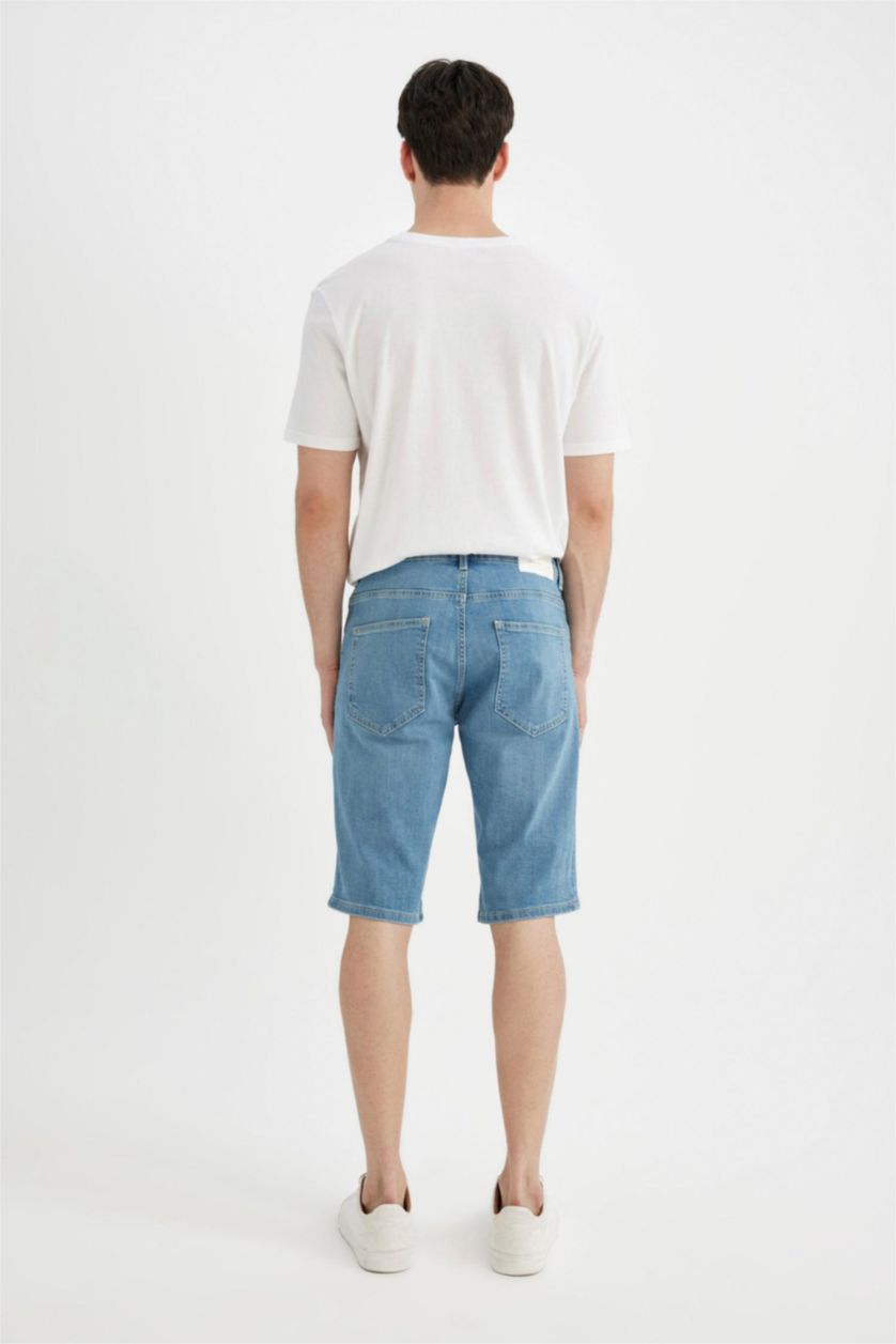Erkek Açık Mavi Slim Fit Dar Kesim Jean Bermuda Şort