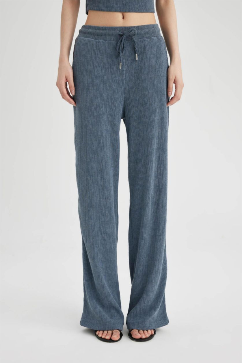 Kadın Açık İndigo Carrot Fit Beli Lastikli Bağcıklı Cepli Düz Paça Basic Düz Bürümcük Eşofman Altı