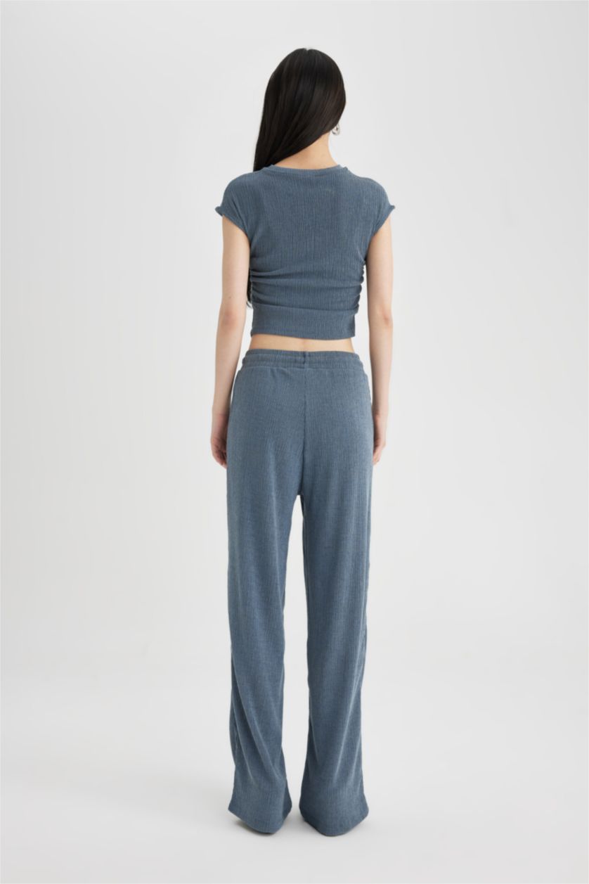 Kadın Açık İndigo Carrot Fit Beli Lastikli Bağcıklı Cepli Düz Paça Basic Düz Bürümcük Eşofman Altı