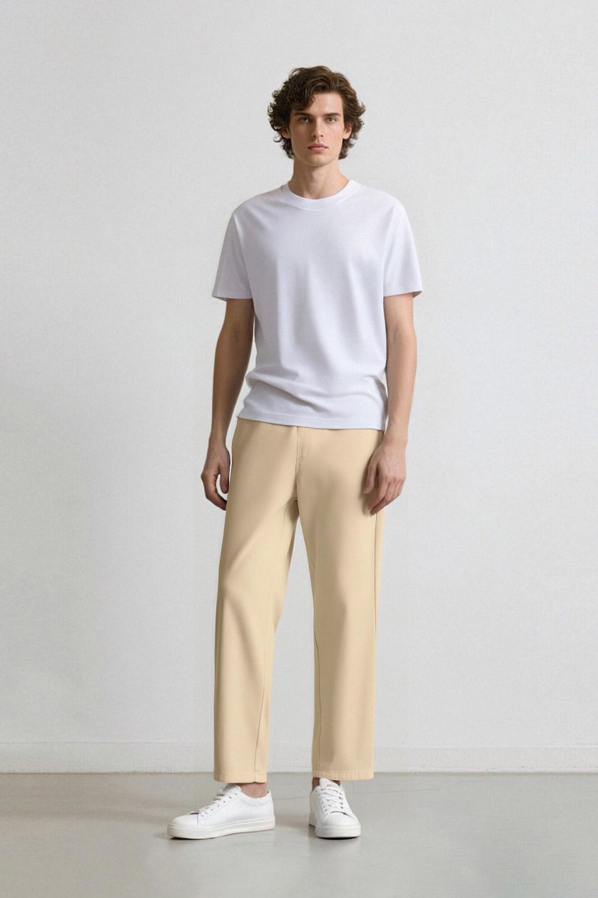 Man Beige Loose Comfortable Fit Wide Leg Summer Linen Trousers