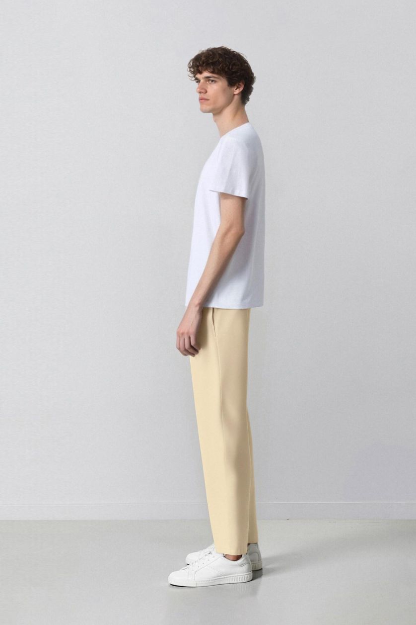 Man Beige Loose Comfortable Fit Wide Leg Summer Linen Trousers