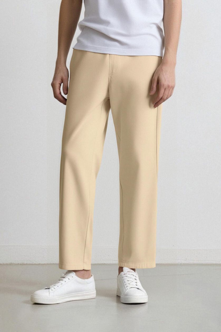 Man Beige Loose Comfortable Fit Wide Leg Summer Linen Trousers