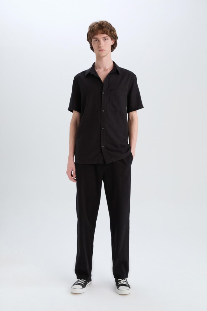Man Black Loose Comfortable Fit Wide Leg Summer Linen Trousers